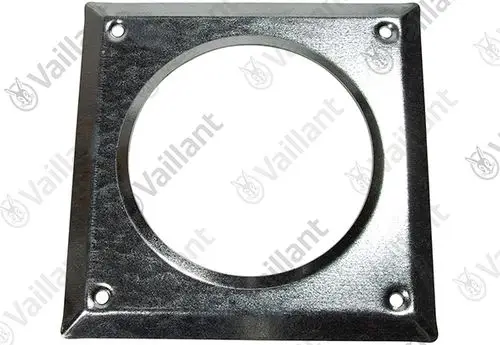 Metallische Rosette mit quadratischem Rahmen und rundem Innenteil, zur Verwendung mit Vaillant BW-Systemen. Montageschrauben sind vorhanden.